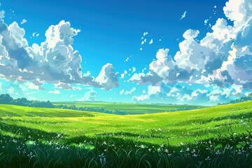 Fototapeta premium Beautiful green meadow landscape with white clouds and blue sky. Concept of peace, nature, and tranquility.