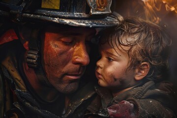 A firefighter rescues a child from a dangerous fire, showing heroism and saving lives in an intense emergency AIG58