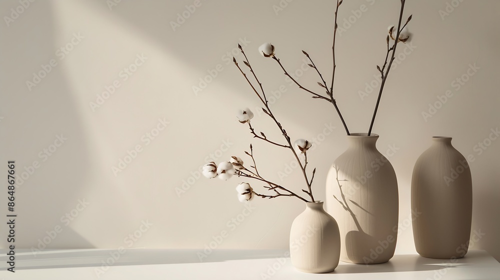Poster beige ceramic vases with dry cotton branches stylish and minimalistic background for display your pr