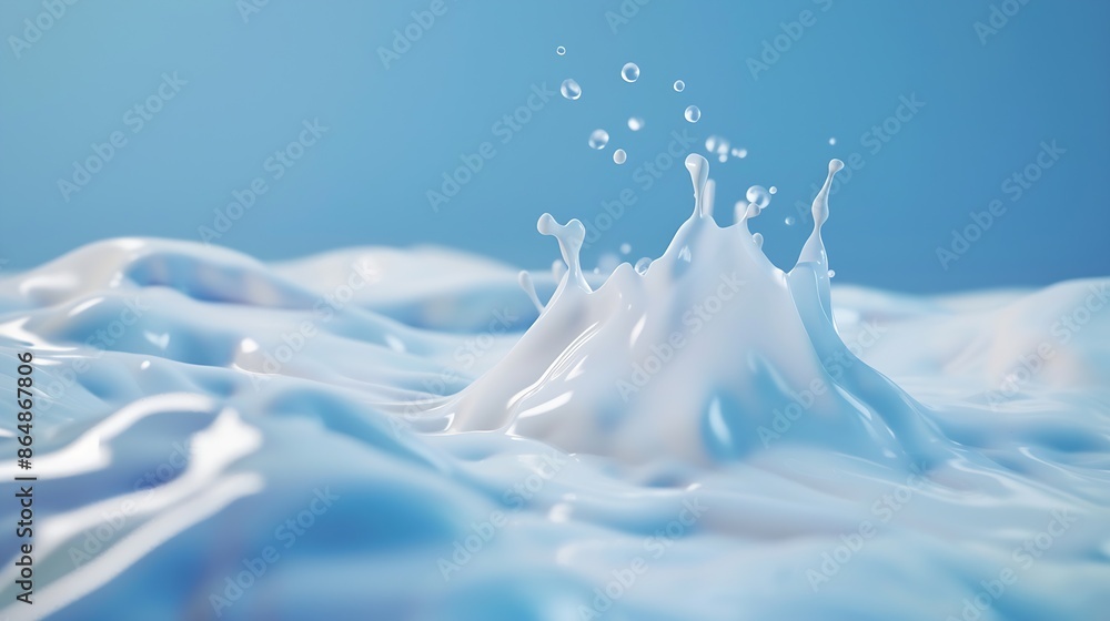 Poster Realistic milk splash splashing in milk pool with isolated on blue background : Generative AI