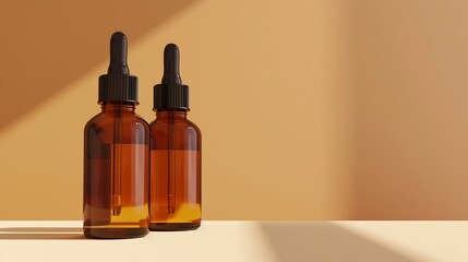two amber bottles of care emulsion cosmetics in a beautiful light Blank cosmetic case mockup : Generative AI