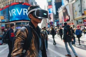 Man using VR headset in an urban setting, exploring advanced virtual reality and immersive digital technology, innovative outdoor experience.