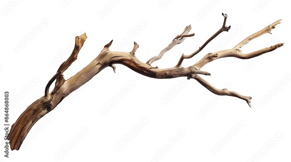 Poster dry tree twig and branch with knots isolated white background dry brushwood stick tree pieces of bro