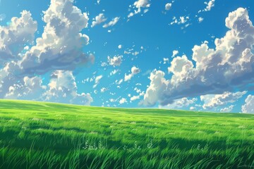 Peaceful green grass field under a blue sky with fluffy white clouds.  Beautiful nature scene with green meadow and bright sky.  Digital art landscape for background or desktop.