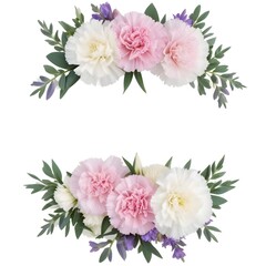 Pink and white carnations with lavender and copy space green leaves