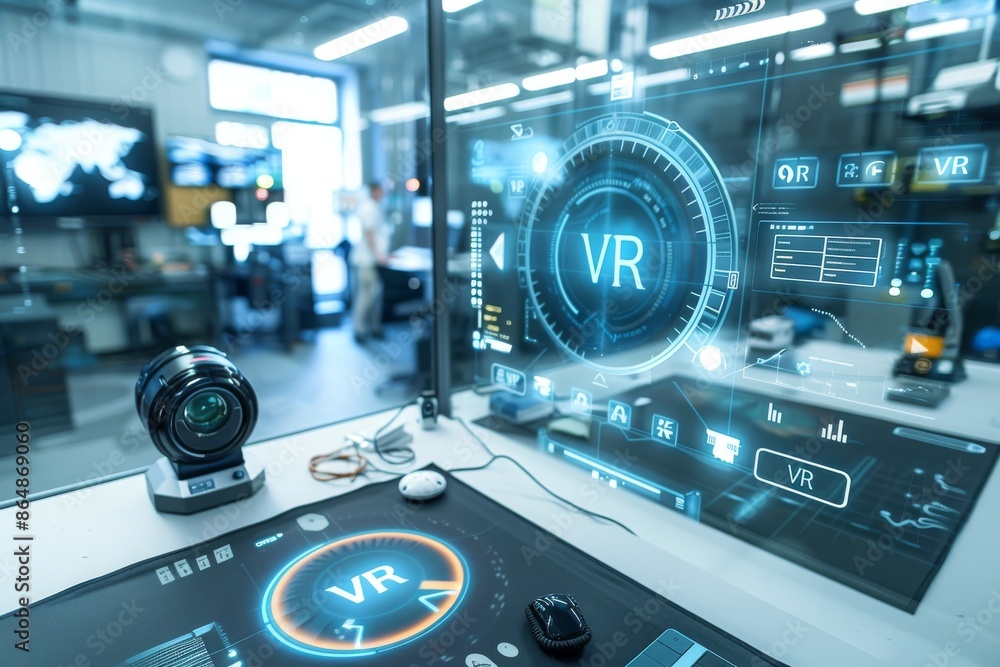 Poster person experiencing virtual reality in a tech showcase, using advanced vr headset for immersive digi
