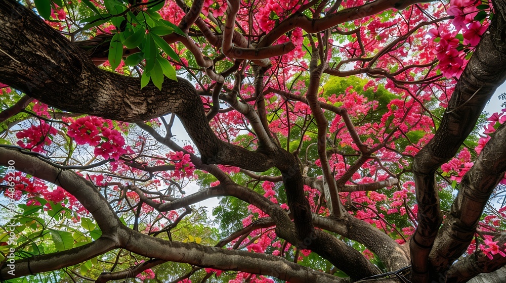 Poster Large tree branches in Thailand are called Crab Claw Chamcha or Red Chamchuri is large tree It has many branches small leaves pink flowers Tourist attractions in Kanchanaburi province : Generative AI