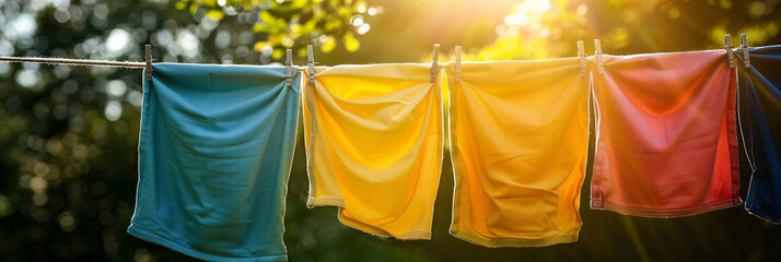 Freshly washed clothes hanging outside to dry. Ideal for content related to household chores, outdoor activities, and sustainable living