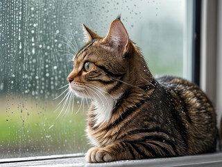 A small tabby cat perched on a windowsill, staring wistfully out at the falling rain, with droplets sliding down the glass