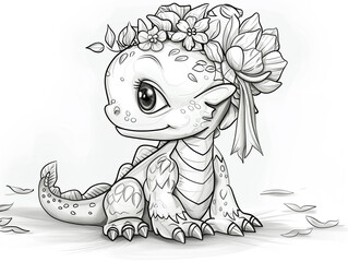 Cartoon baby dragon with a flower crown, outlined for coloring, on a white background.