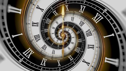 Abstract modern white spiral clock dial with roman numerals. Concept of Infinite time, deadline, scheduling, time and space, past, present and future. - Powered by Adobe