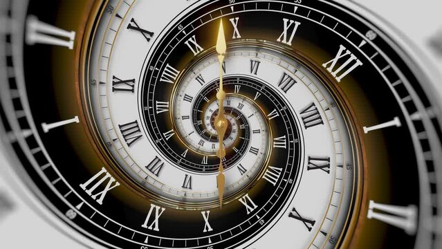 Abstract modern white spiral clock dial with roman numerals. Concept of Infinite time, deadline, scheduling, time and space, past, present and future.