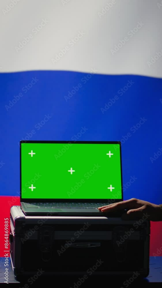 Poster vertical video russian ex kgb fsb service using radar on green screen laptop to detect missiles atta