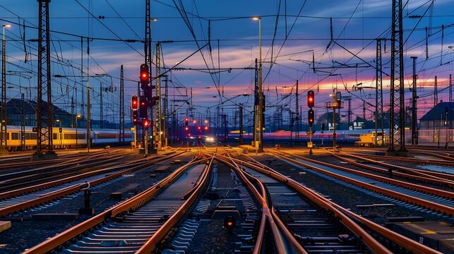 Panorama at main station of Hagen in Westphalia Germany at blue hour twilight Railway tracks with switches lamp lights and blurred trains in motion Colorful railway infrastructure and  : Generative AI