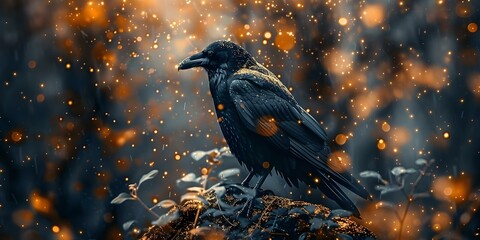 Celtic myth Black crow with golden feathers symbols of Odins wisdom. Concept Mythology, Celtic Symbols, Odin, Wisdom, Black Crow