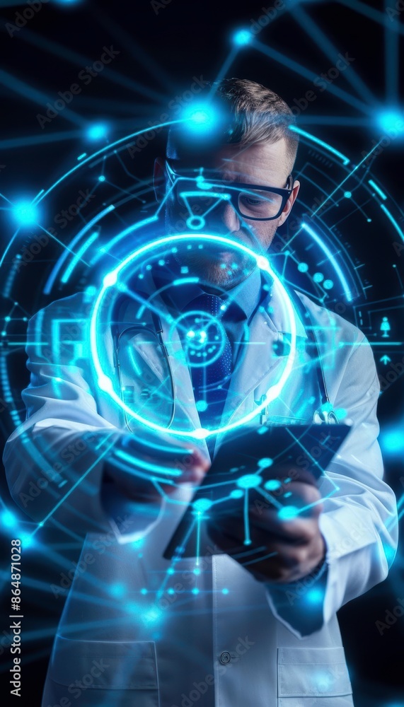 Poster a scientist using advanced augmented reality technology on a tablet, surrounded by futuristic hologr