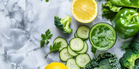 Detox smoothie ingredients on marble background promoting alkaline diet and veganism. Concept Alkaline Diet, Detox Smoothie, Vegan Lifestyle, Healthy Eating, Marble Background