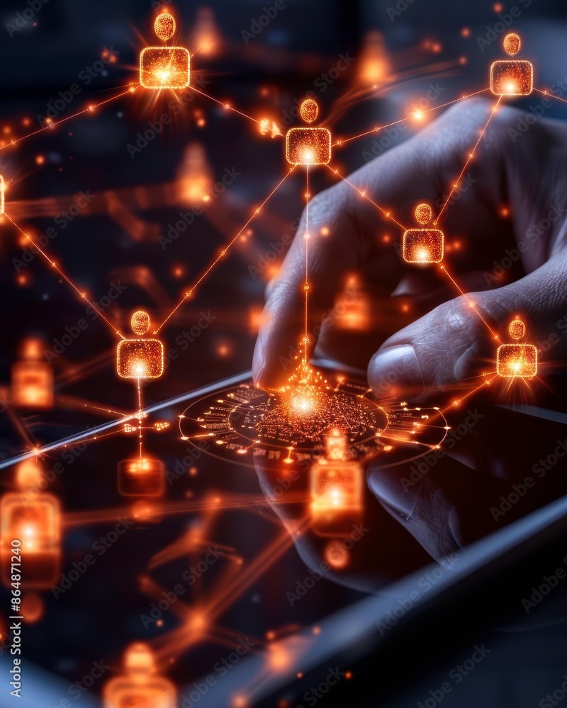 Poster close-up of a hand interacting with a network hologram on a touchscreen, representing digital connec