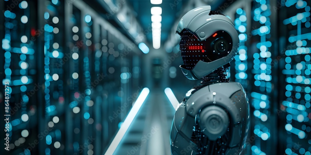 Aufkleber alert about potential risks posed by sophisticated artificial intelligence in data center. concept a