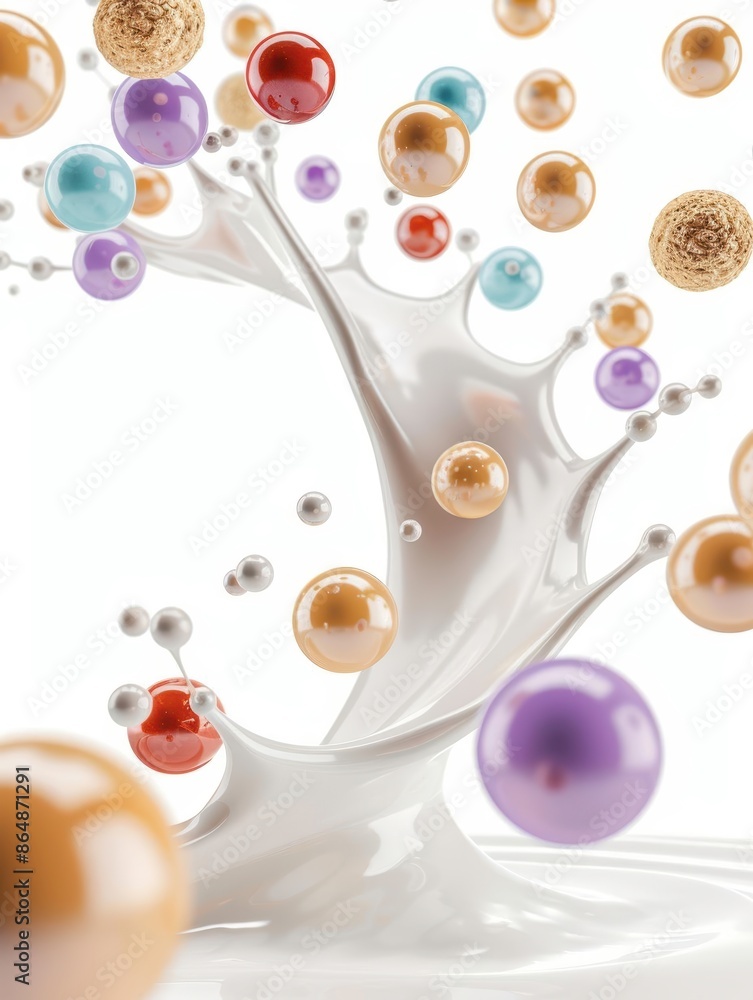 Poster colorful 3d spheres splashing into a white liquid surface, creating dynamic movement and vibrant ene