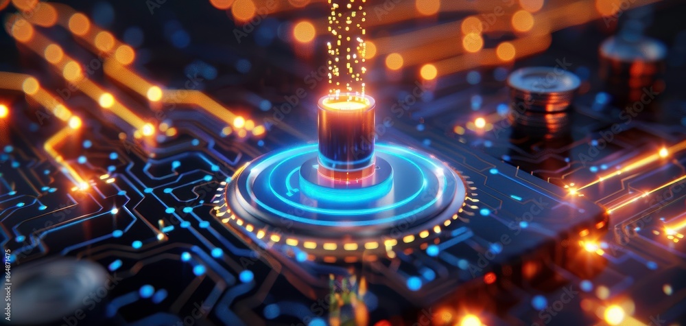 Poster futuristic circuit board with glowing connections and a central data stream, representing advanced t