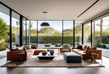 Fototapeta premium contemporary living space tall windows, modern, room, spacious, large, glass, high, ceilings, wide, open, bright, airy, interior, design, home, decor