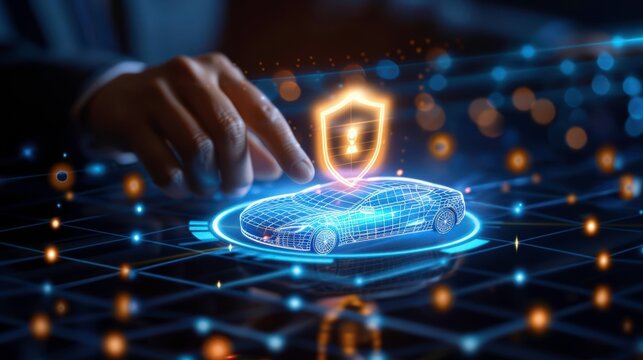 Futuristic automotive security concept with digital interface, highlighting car safety and protection in a cyber world.