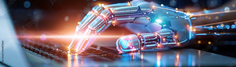 Poster futuristic robotic hand typing on a laptop keyboard, symbolizing artificial intelligence, automation