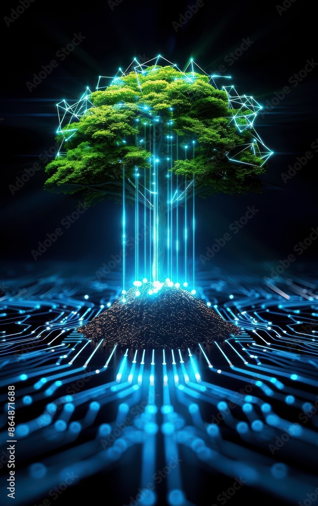 Poster futuristic tree integrating with technology, symbolizing nature and digital connection, glowing line