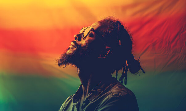 A reggae man with dreadlocks and glasses is looking up at a colorful flag