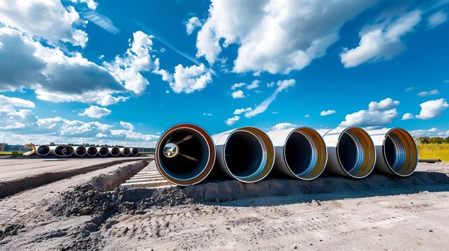 Stack of big frp composite fiberglass plastic sewage pipes at warehouse construction site near Leipzig Halle airport against blue sky background Highway road construction infrastructur : Generative AI
