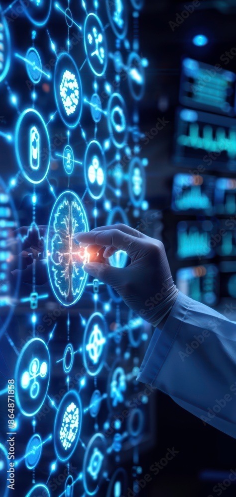 Poster hand interacts with digital hologram interface in lab, representing futuristic technology and data a
