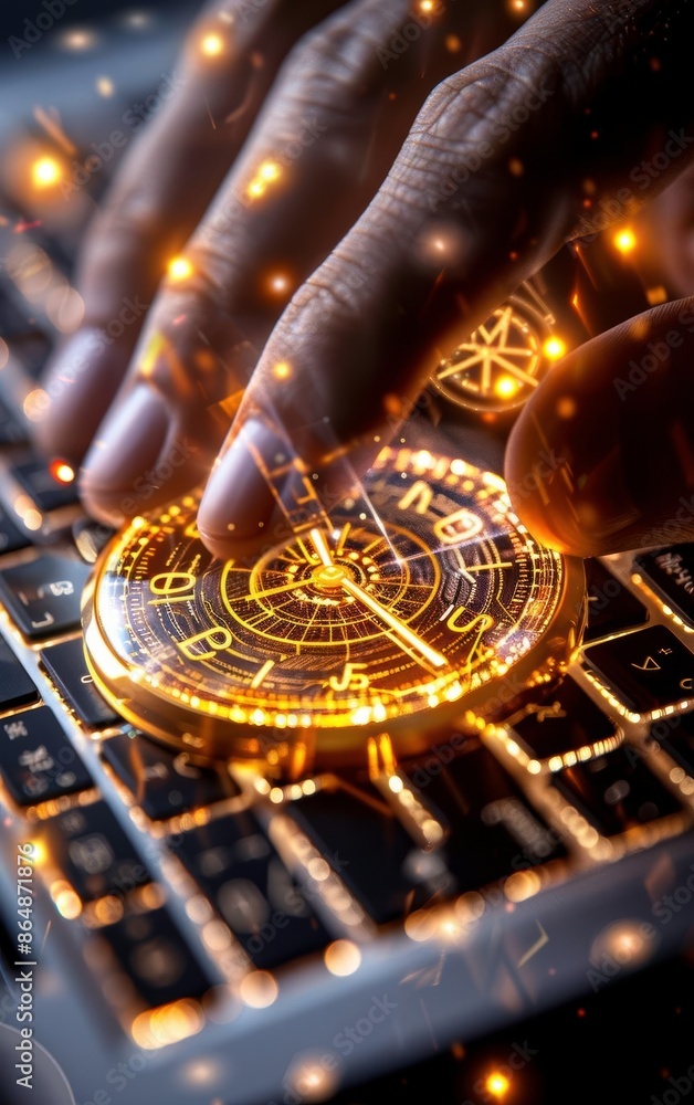 Poster hand using a digital compass on a keyboard illuminated with glowing lights, symbolizing navigation, 