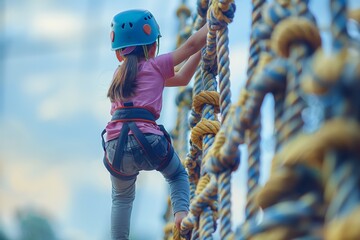 A young child wearing safety gear climbs a rope structure at an adventure park, demonstrating determination and physical activity in a fun, engaging outdoor environment.