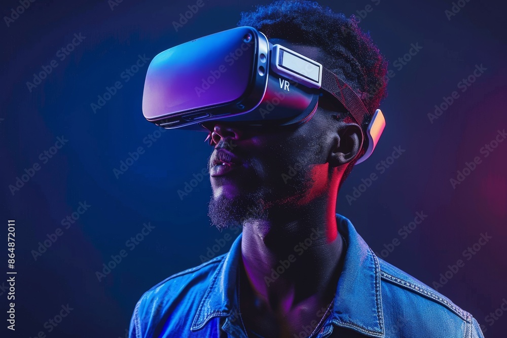 Poster man using vr headset in a dark neon-lit environment, exploring immersive virtual reality and advance