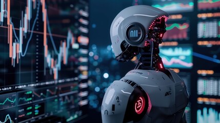 Fototapeta premium A robot looks at stock charts on the screen,An illustration of AI managing cryptocurrency trading by evaluating all indicators.stock market theme