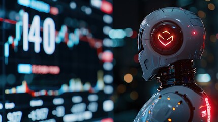 A robot looks at stock charts on the screen,An illustration of AI managing cryptocurrency trading by evaluating all indicators.stock market theme