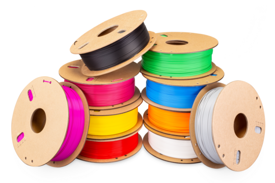 stack pile of colorful  3d printing filament PLA material on environmentally friendly and recyclable paper cardboard spools isolated white background. modern FDM printer technology concept