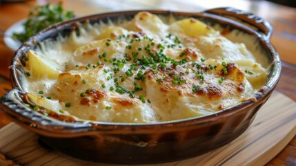 A creamy potato gratin infused with fresh thyme and chives all plucked from the balcony herb garden.