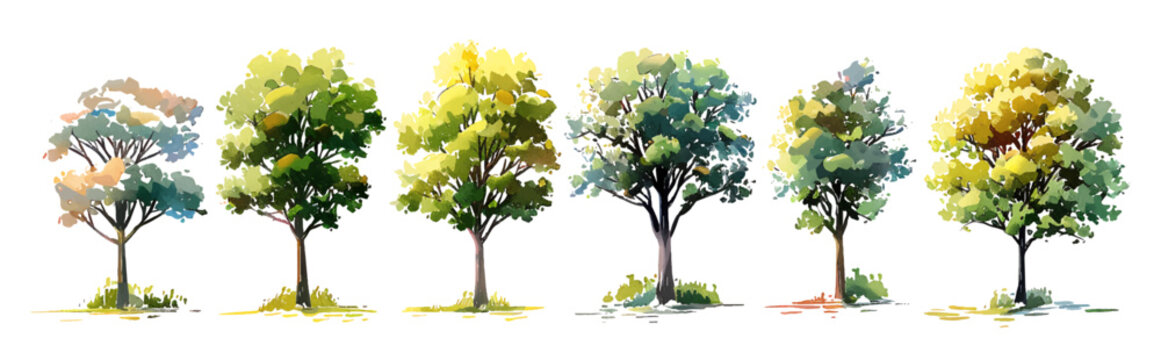 Minimal style tree painting hand drawn, tree watercolor silhouettes shadow illustration, set of graphics trees elements drawing for architecture and landscape design