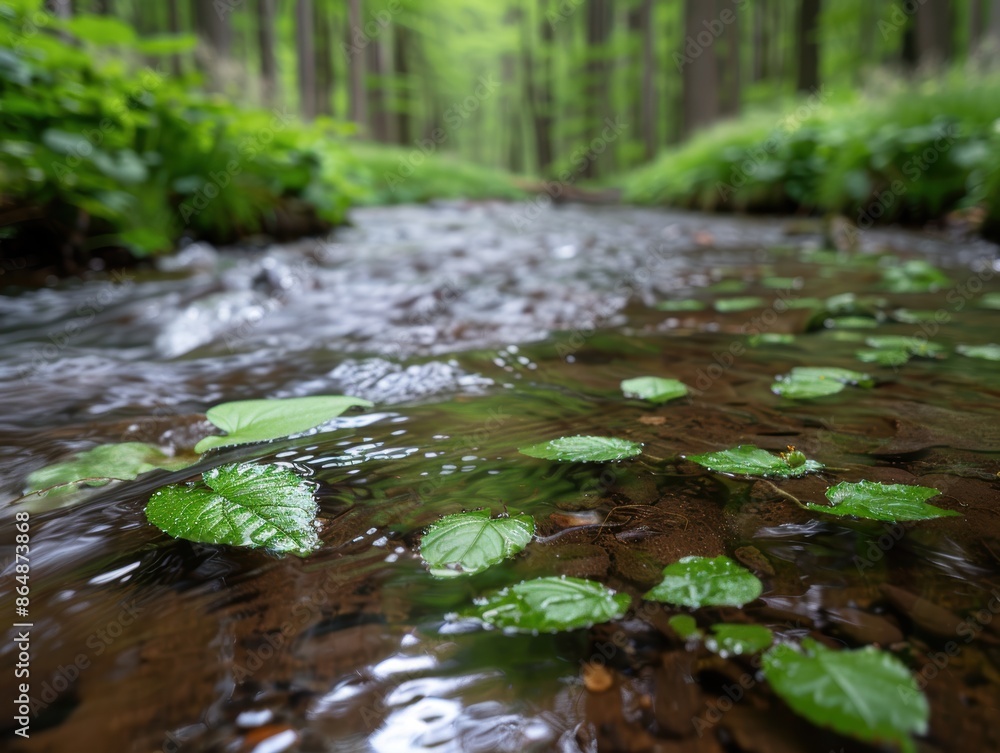 Poster Serene forest stream with lush green foliage