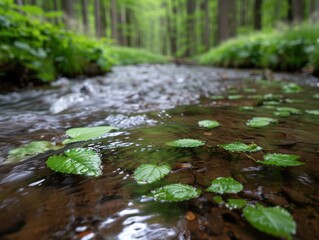 Serene forest stream with lush green foliage