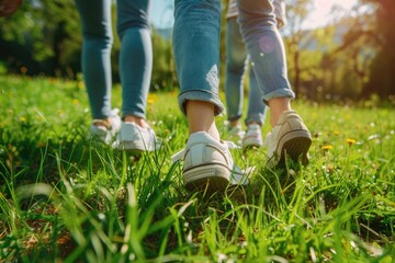 Fototapeta premium Photo of feet wearing sneakers are walking in, forest with friend, park , mountain, Generative AI