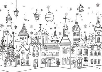 Cartoon Christmas lanterns lighting up the city, outlined for coloring, on a white background.