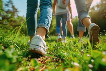 Photo of feet wearing sneakers are walking in, forest with friend, park , mountain, Generative AI