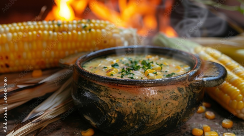 Poster a bowl of steaming creamy corn chowder is served as a starter made with corn picked at the peak of i