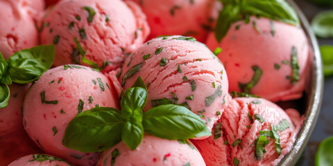 Refreshing basil watermelon gelato, a closeup of refreshing basil watermelon gelato, its vibrant pink color with green specks, perfect for a summer refreshment feature in an upscale food magazine