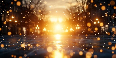 Obraz premium Golden bokeh lights illuminating a winter street, creating a magical and festive atmosphere during sunset.