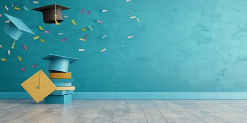 Graduation cap toss with confetti and books against a vibrant turquoise background. Celebrating academic achievement concept.