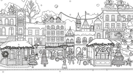 Cartoon Christmas street festival in the city, outlined for coloring, on a white background.